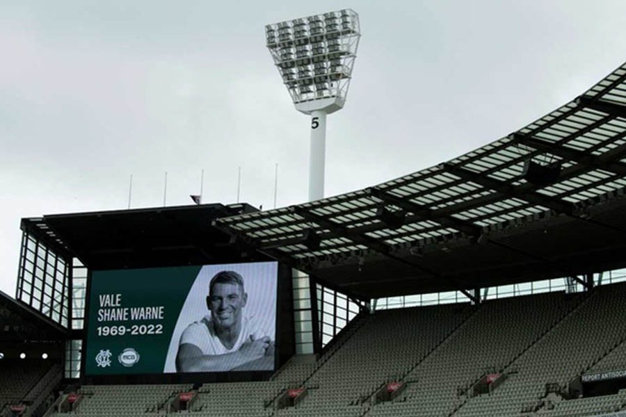 A tribute to Australian cricketer Shane Warne is seen at the Melbourne Cricket Ground in Melbourne, Australia, Mar 5, 2022. Joel Carrett via REUTERS