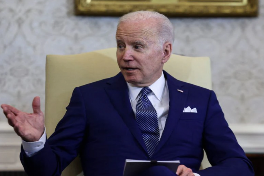 US President Joe Biden speaks as he meets with Finland's President Sauli Niinisto to discuss "Russia's attack on Ukraine, in the Oval Office at the White House in Washington, US, March 4, 2022. REUTERS/Evelyn Hockstein