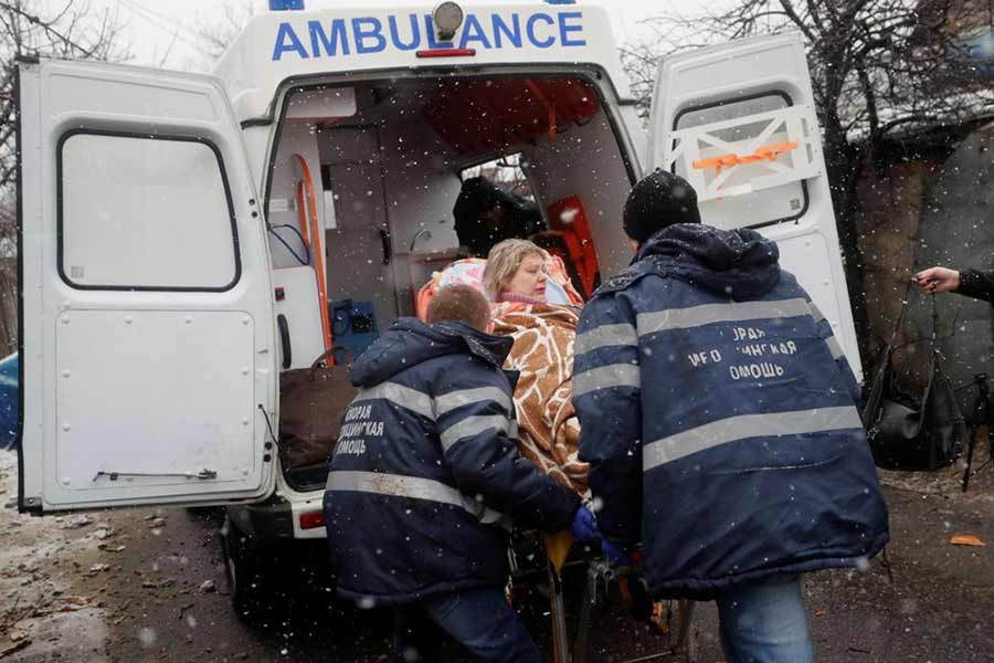 Medical specialists transporting an injured woman to an ambulance following recent shelling in the separatist-controlled city of Donetsk in Ukraine recently –Reuters file photo