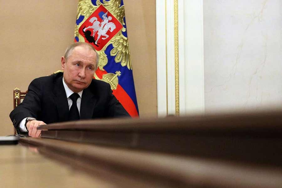 Russian President Vladimir Putin attending a meeting with government members via a video link in Moscow on March 10 –Reuters file photo