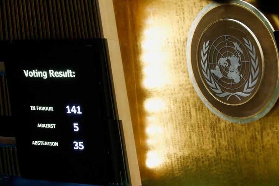 The results of voting during the 11th emergency special session of the 193-member UN General Assembly on Russia-Ukraine conflict are seen at the United Nations Headquarters in Manhattan of New York City in the United States on March 2. -Reuters file photo