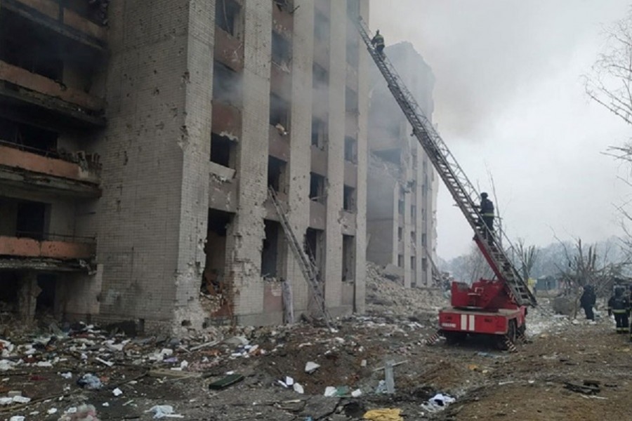 A view of a residential building damaged during an airstrike, as Russia's invasion of Ukraine continues, in Chernihiv, Ukraine, in this handout picture released March 13, 2022. Press service of the State Emergency Service of Ukraine/Handout via Reuters