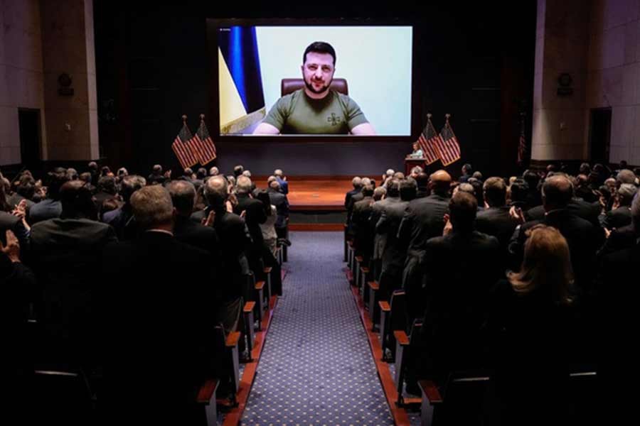 Ukrainian President Volodymyr Zelensky delivering a video address to senators and members of the House of Representatives gathered in the Capitol Visitor Center Congressional Auditorium at the US Capitol in Washington on Wednesday –Reuters photo