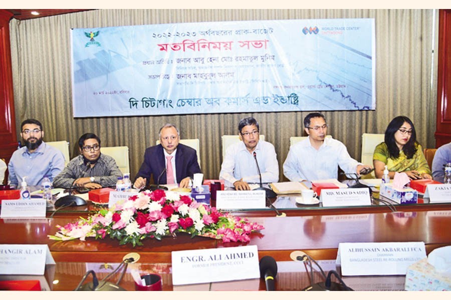 Chairman of National Board of Revenue (NBR) Abu Hena Md Rahmatul Muneem (3rd from right) speaking at the pre-budget discussion with the leaders of Chittagong Chamber of Commerce & Industry (CCCI) at Bangabandhu Hall of World Trade Centre on Sunday. CCCI President Mahbubul Alam presided over the meeting