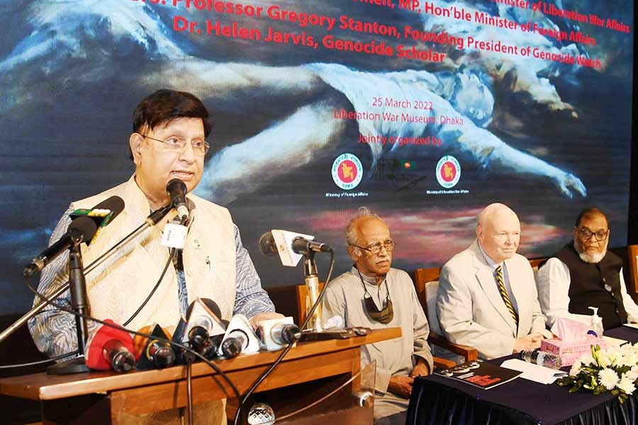 Foreign Minister AK Abdul Momen addressing a seminar titled “Bangladesh Genocide in 1971” as the guest at Liberation War Museum Auditorium in Agargaon –PID Photo