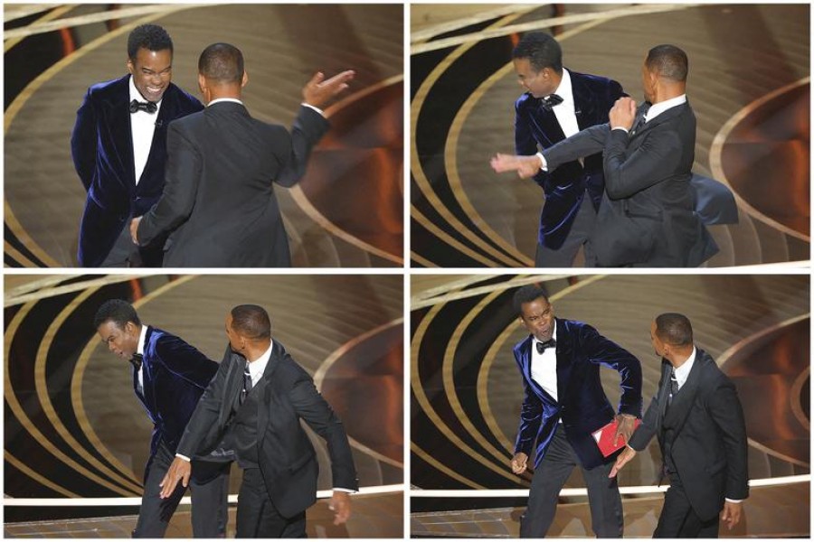 A combination picture shows Will Smith hitting Chris Rock as Rock spoke on stage during the Oscars. REUTERS/Brian Snyder