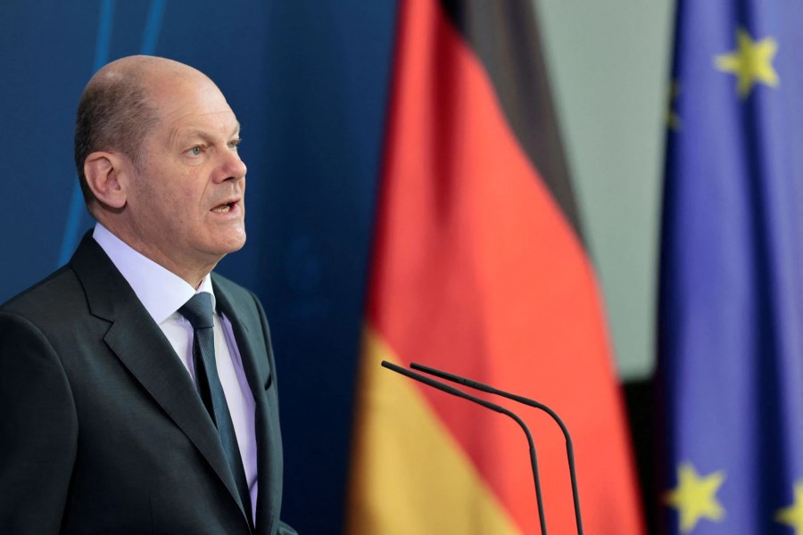 German Chancellor Olaf Scholz gives a press statement about the war crimes discovered the day before in Bucha, Ukraine, at the Chancellery in Berlin, Germany on April 3, 2022 — Pool via Reuters
