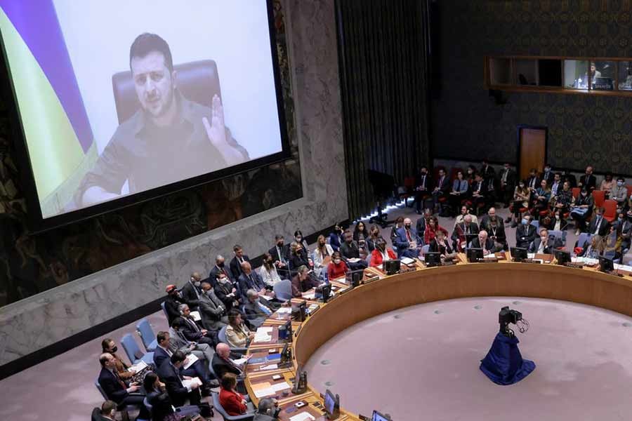 Ukrainian President Volodymyr Zelensky addressing the United Nations Security Council via video link during a meeting at the United Nations Headquarters in Manhattan in New York on Tuesday –Reuters photo