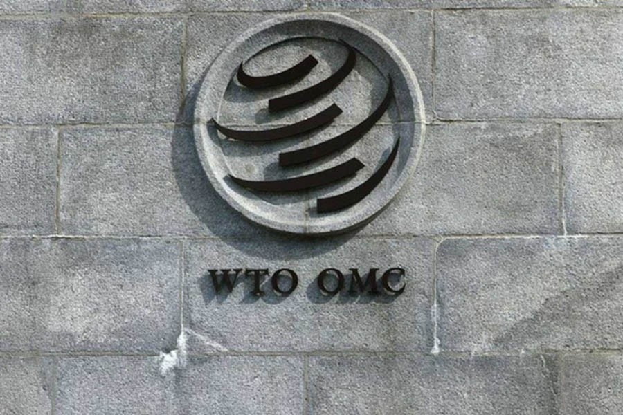 A logo is pictured outside the World Trade Organisation (WTO) in Geneva, Switzerland, Sept 28, 2021. REUTERS/Denis Balibouse