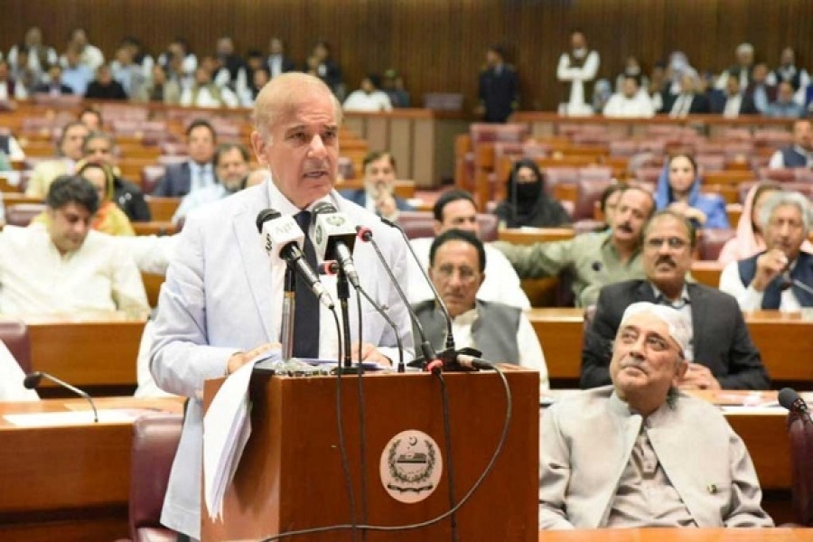 Pakistan's prime minister-elect Shehbaz Sharif speaks after winning a parliamentary vote to elect a new prime minister, at the national assembly, in Islamabad, Pakistan Apr 11, 2022 — Reuters