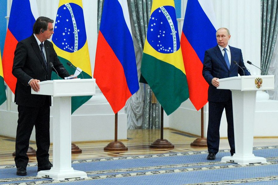 Russian President Vladimir Putin and his Brazilian counterpart Jair Bolsonaro attend a news conference following their talks in Moscow, Russia on February 16, 2022 — Sputnik/Kremlin via REUTERS/Files