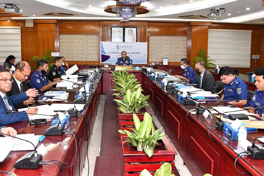 Inspector General of Police Dr Benazir Ahmed BPM (Bar) presiding over the Third Annual General Meeting (AGM) of Community Bank Bangladesh Limited as its chairman at Hall of Pride of Police Headquarters in Dhaka on Monday