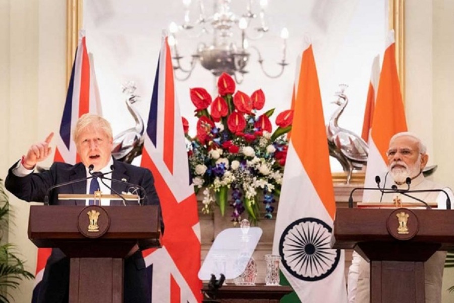 British Prime Minister Boris Johnson speaks during a joint press briefing with his Indian counterpart Narendra Modi at the Hyderabad House in New Delhi, India, Apr 22, 2022. Stefan Rousseau/Pool via REUTERS