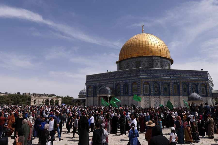 Palestinians staging protest at the compound that houses Al-Aqsa Mosque, known to Muslims as the Noble Sanctuary and to Jews as the Temple Mount, in Jerusalem's Old City on Friday -Reuters photo