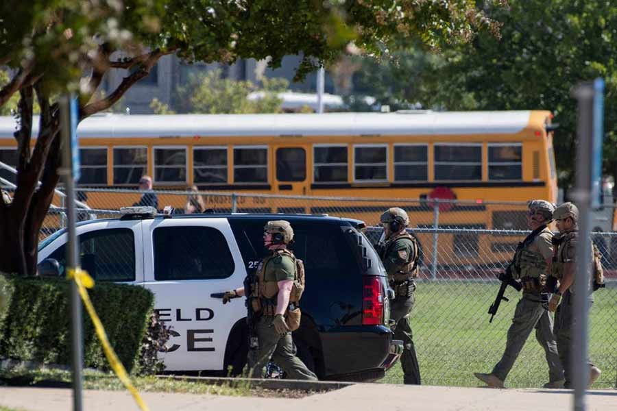 Law enforcement officers securing the school grounds after a shooting at Mansfield Timberview High School in Arlington in Texas of USA on October 6 in 2021 –Reuters file photo