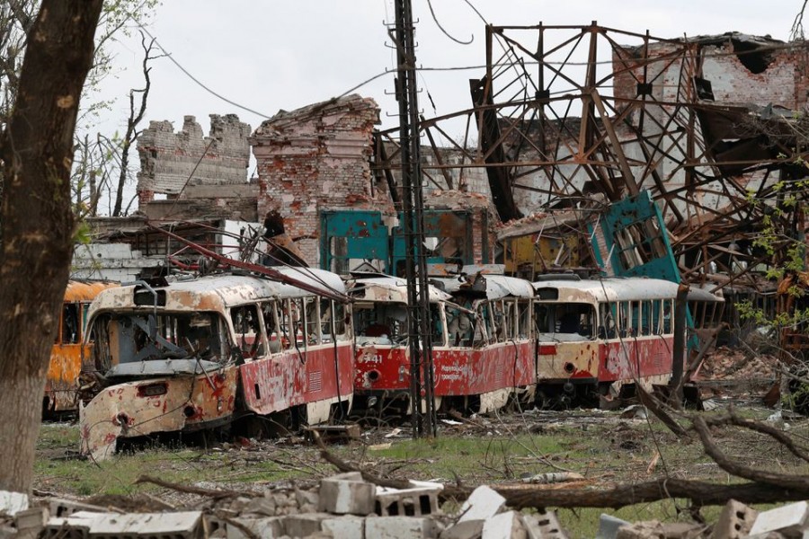 Destroyed trams are seen in a depot during Ukraine-Russia conflict in the southern port city of Mariupol, Ukraine May 5, 2022. REUTERS/Alexander Ermochenko