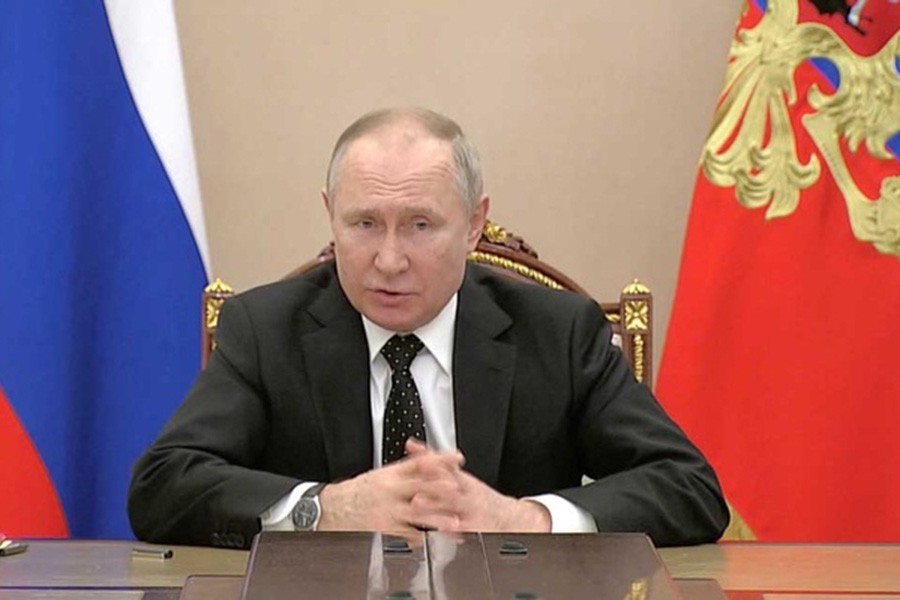 Russian President Vladimir Putin speaks about putting nuclear deterrence forces on high alert, in this still image obtained from a video, in Moscow, Russia, February 27, 2022. Russian Pool/Reuters TV via REUTERS