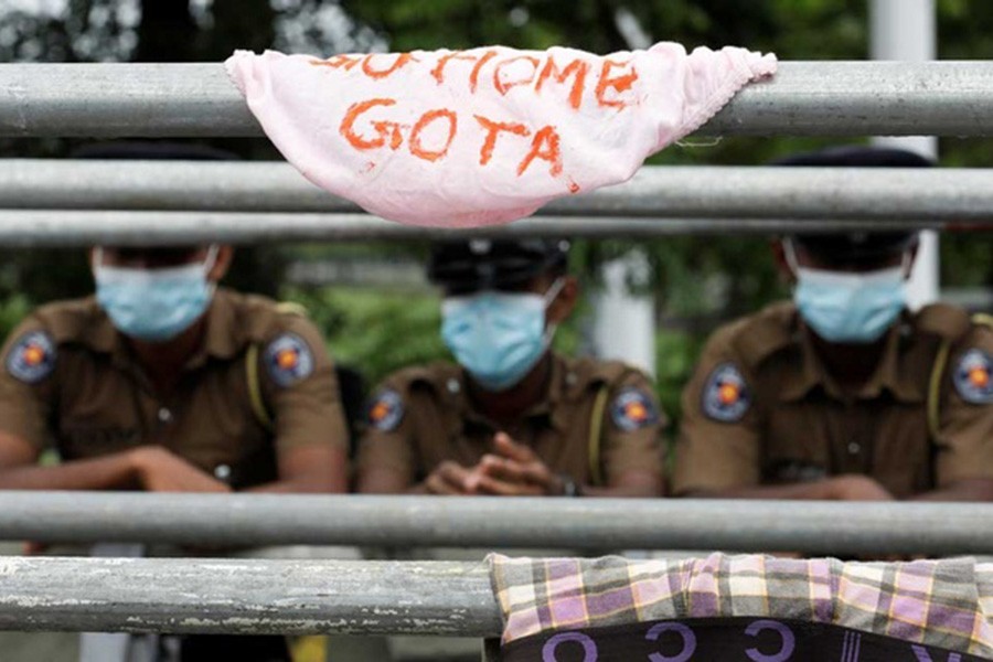 Underwears are placed by protestors on a temporary metal barrier made to block protesters at the main entrance to the parliament during the trade unions' nationwide Harthal, a peaceful protest, demanding the resignation of President Gotabaya Rajapaksa and his cabinet in Colombo, Sri Lanka on May 6, 2022 — Reuters photo