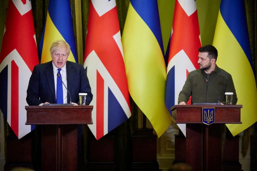 Ukraine's President Volodymyr Zelenskiy (right) and British Prime Minister Boris Johnson attend a news briefing, as Russia's attack on Ukraine continues, in Kyiv, Ukraine on April 9, 2022 — Ukrainian Presidential Press Service/Handout via REUTERS