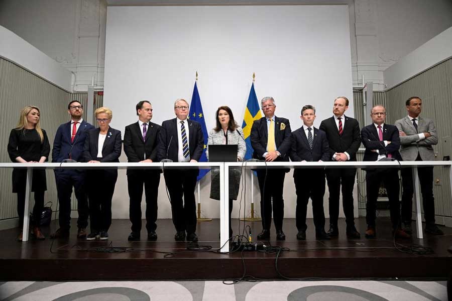 Sweden's Defense Minister Peter Hultqvist, Foreign Minister Ann Linde and and Sweden's security policy analysis group announcing their report during a news conference in Stockholm on Friday –Reuters photo