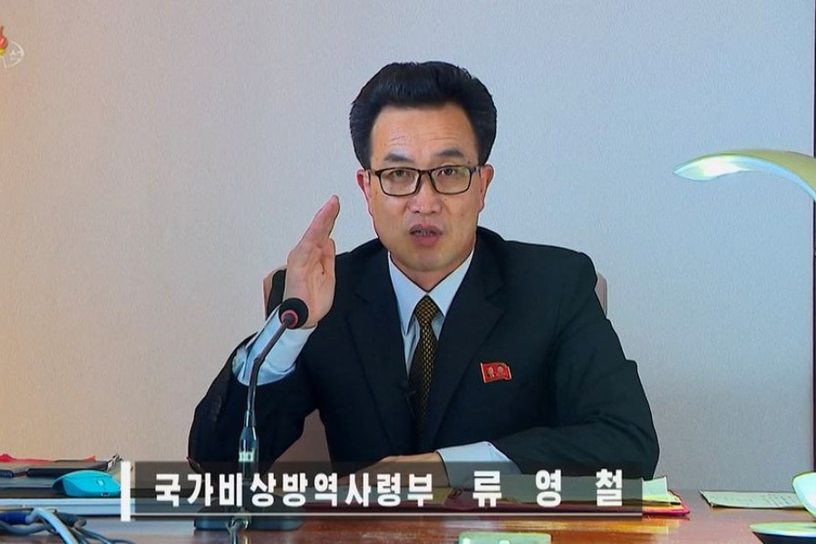 Ryu Yong Chol, an official at North Korea's state emergency epidemic prevention headquarters, speaks during a daily coronavirus program on state-run television KRT, in this still image obtained from KRT footage released on May 20, 2022. REUTERS TV/KRT via REUTERS