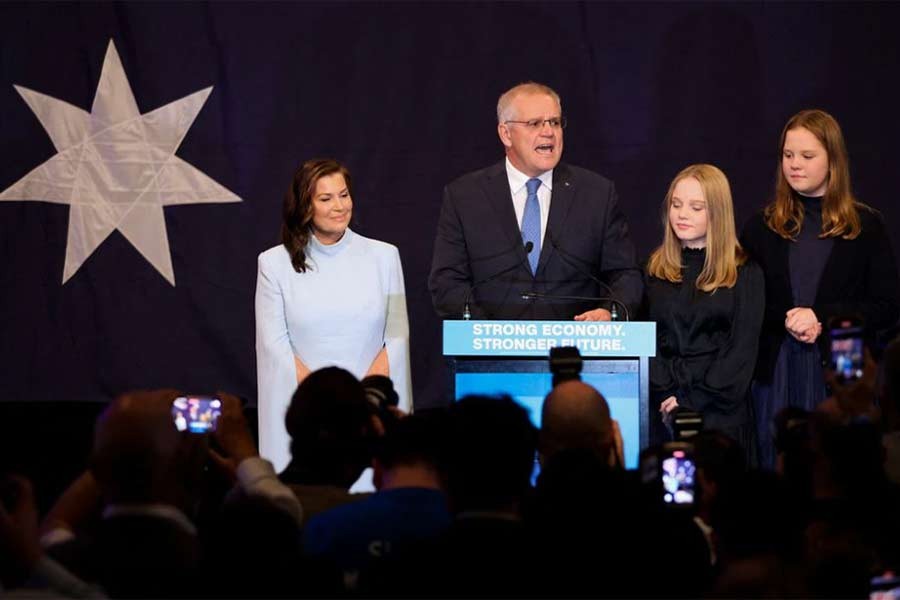 Incumbent Australian Prime Minister Scott Morrison standing next to his wife Jenny and daughters Lily and Abbey on Saturday as he concedes defeat in the country's general election –Reuters photo