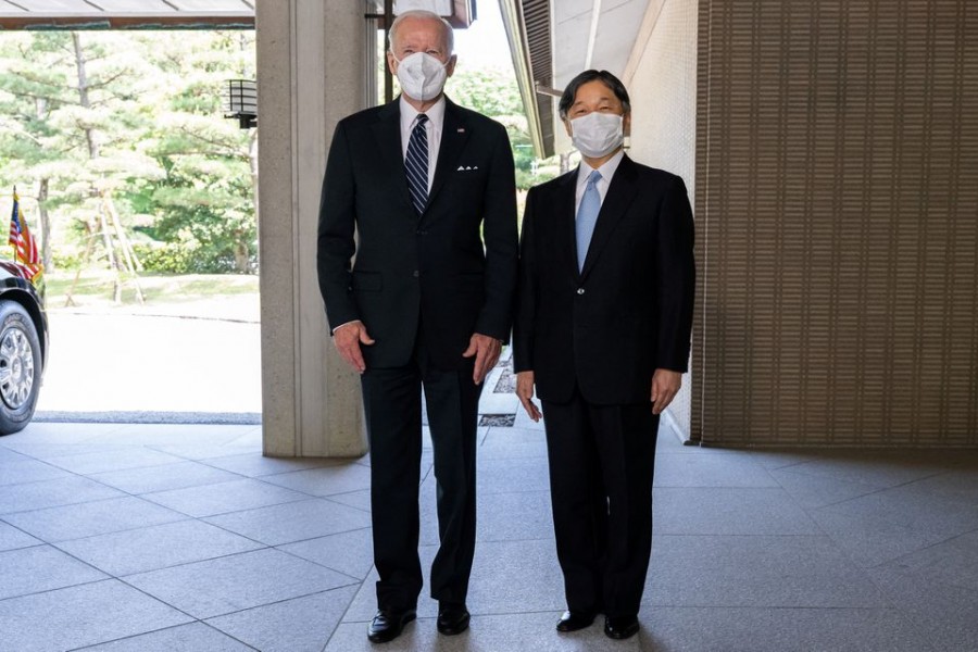 Japan's Emperor Naruhito greets US President Joe Biden prior to their meeting at the Imperial Palace in Tokyo, Japan May 23, 2022. Saul Loeb/Pool via REUTERS