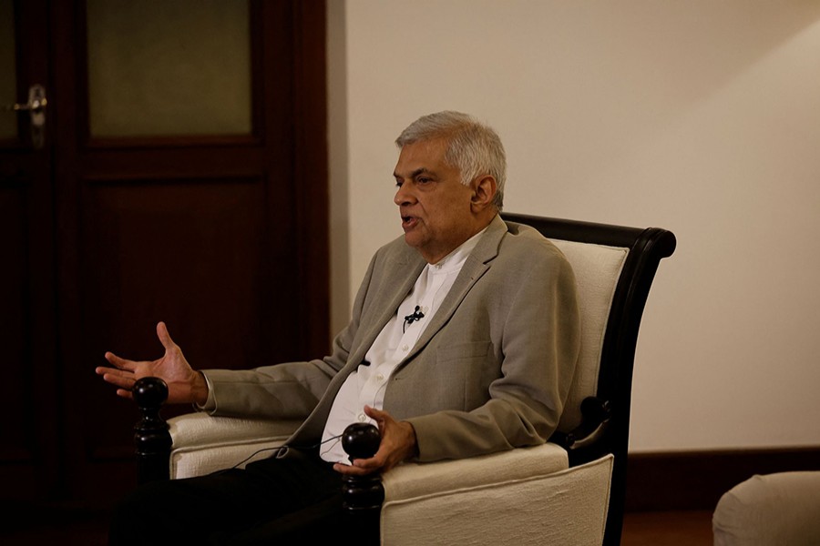 Sri Lanka's Prime Minister Ranil Wickremesinghe gestures as he speaks during an interview with Reuters at his office in Colombo, Sri Lanka on May 24, 2022 — Reuters photo