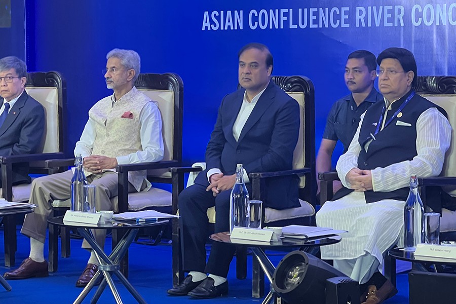 Bangladesh's Foreign Minister Dr AK Abdul Momen (far right) and Indian Foreign Minister  S Jaishangkar (second from left) are seen during Asian Confluence River Conclave, being held in India's Guwahati on Saturday