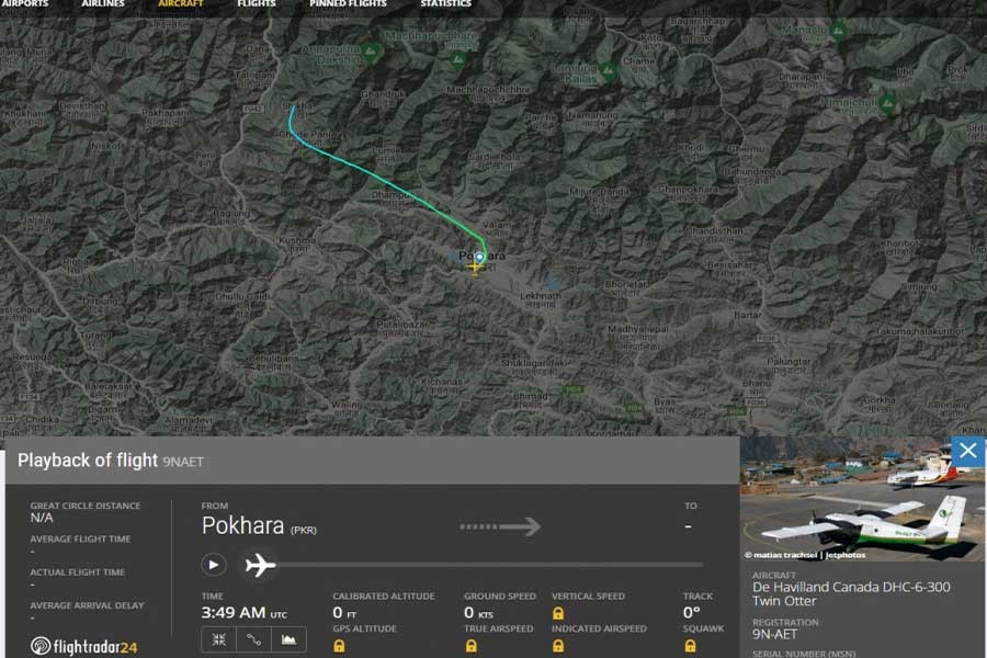 A photograb from flightradar24.com shows the position of the aircraft where it had made the last contact.  Image from flightradar24.com via The Kathmandu Post