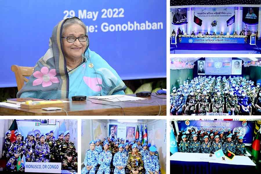 Prime Minister Sheikh Hasina speaking to Bangladeshi officers working in different UN peacekeeping missions via video conferencing on Sunday –PID Photos