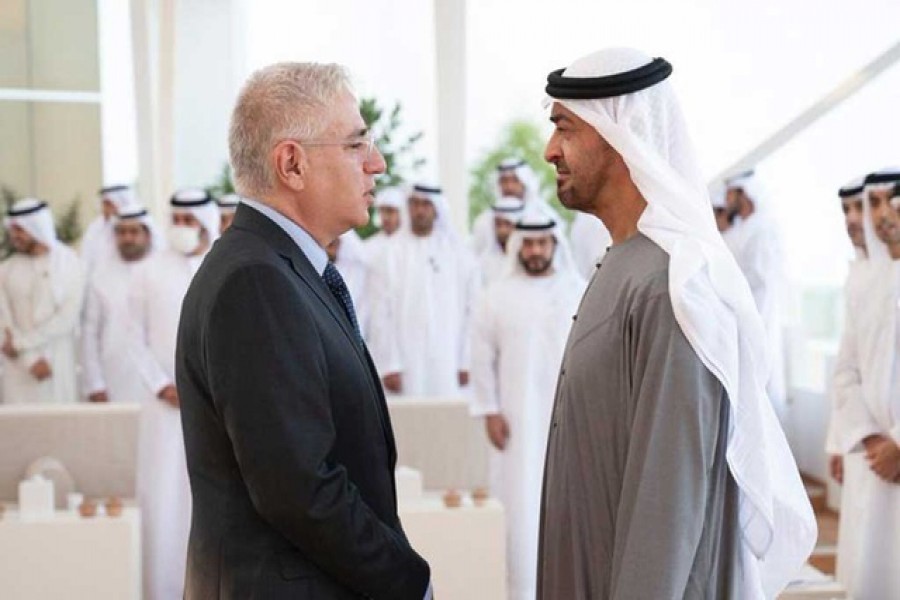 Sheikh Mohammed bin Zayed bin Sultan Al Nahyan with Israel's ambassador to the UAE, Amir Hayek. Ambassador Amir Hayek/Twitter