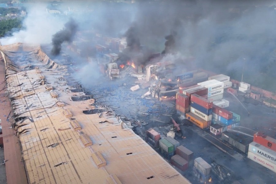 Drone footage shows smoke rising from the spot after a massive fire broke out in an inland container depot at Sitakunda, near the port city Chittagong, Bangladesh, June 5, 2022 in this still image obtained from a handout video. Al Mahmud BS/Handout via REUTERS