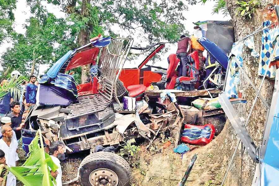 The wreckage of a bus after an accident at Shanuar under Ujirpur in Barishal. At least 10 people were killed and 18 others injured as the driver of the bus lost control over the steering on the Dhaka-Barishal highway recently — Focus Bangla file photo