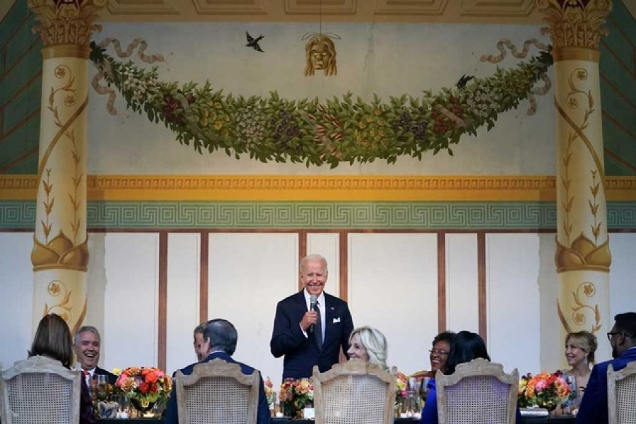 US President Joe Biden speaks while hosting a dinner at the Getty Villa for leaders and their spouses at the Summit of the Americas, in Los Angeles, California, US, June 9, 2022. REUTERS