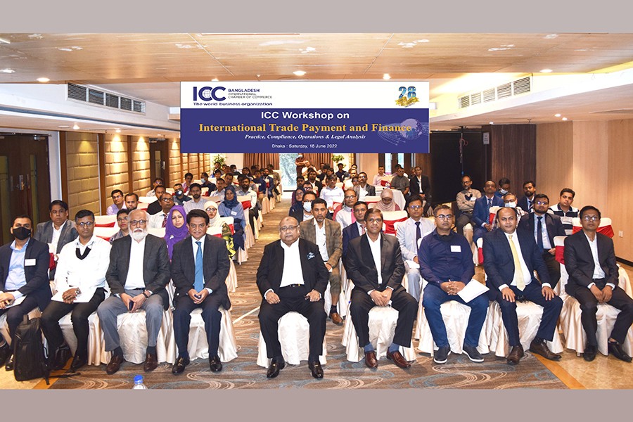 ICC Bangladesh Vice President AK Azad, ICCB Banking Commission Chairman and AB Bank Chairman Muhammad A (Rumee) Ali, ICCB Secretary General Ataur Rahman and Workshop Resource Person and Senior Vice President of Mutual Trust Bank ATM Nesarul Hoque attended the workshop