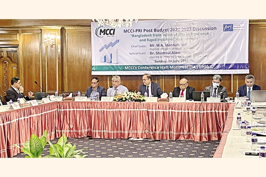 State Minister for Planning Dr Shamsul Alam speaking at a post-budget discussion titled 'Bangladesh from Vulnerability to Resilience and Rapid Inclusive Development' organised by the Metropolitan Chamber of Commerce and Industry, Dhaka (MCCI) in collaboration with Policy Research Institute (PRI) in the city on Sunday.