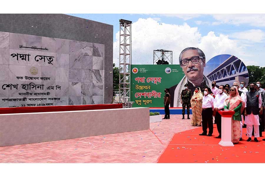Prime Minister Sheikh Hasina inaugurating the much-anticipated Padma Bridge for traffic movement on Saturday –PID Photo