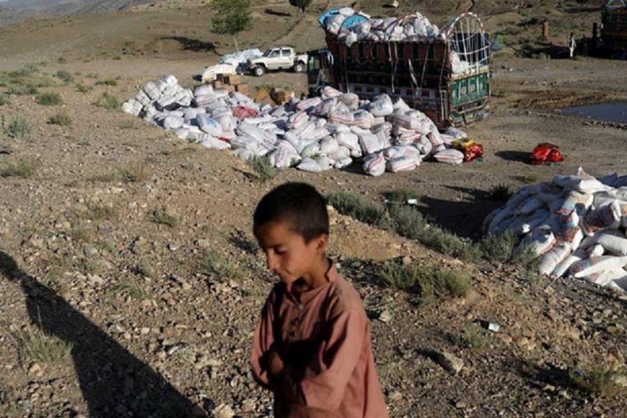 Packets of aid are seen in the quake-hit area of Wor Kali village in the Barmal district of Paktika province, Afghanistan, Jun 25, 2022. REUTERS/Ali Khara