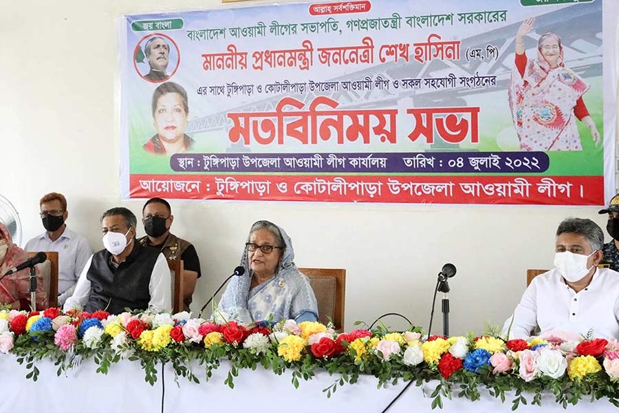 Prime Minister Sheikh Hasina addressing a meeting with leaders and activists of Tungipara and Kotalipara upazila Awami League in Tungipara of Gopalganj on Monday –PID Photo