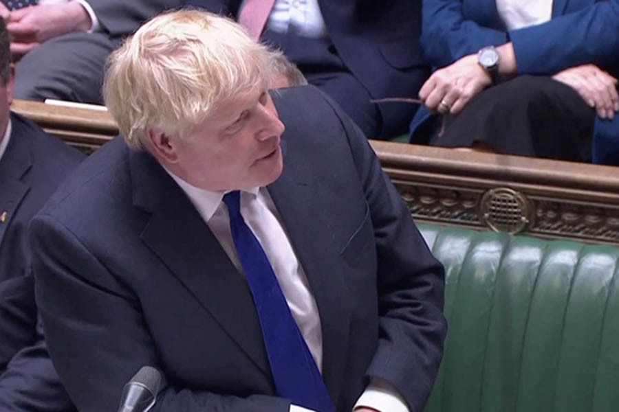 British Prime Minister Boris Johnson speaks during the weekly question time debate, in Parliament in London, Britain, Jul 6, 2022 in this screen grab taken from video. Reuters TV via REUTERS