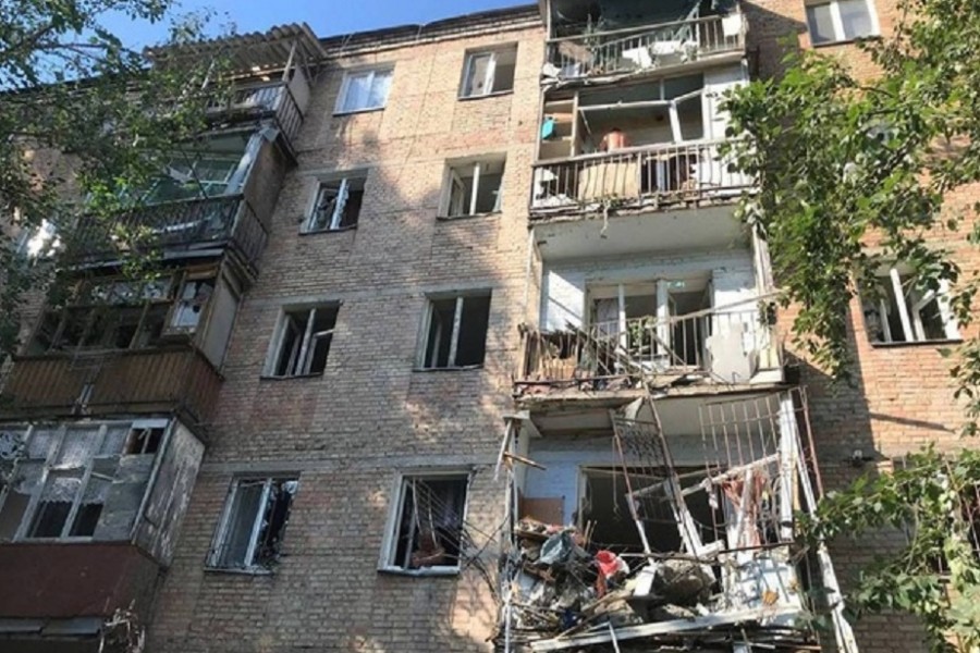 A damaged residential building is seen at the site of the missile strike, amid Russia's invasion on Ukraine, in Mykolaiv, Ukraine June 29, 2022 in this picture obtained from social media. Courtesy of Julie Akimova - news.pn/via REUTERS