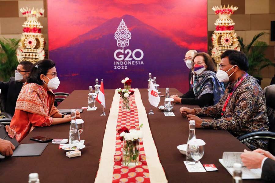 Indonesia's Finance Minister Mulyani Indrawati speaking with Financial Action Task Force (FATF) President Raja Kumar during their bilateral meeting at the G20 Finance Ministers and Central Bank Governors Meeting in Indonesia on Saturday –Reuters photo