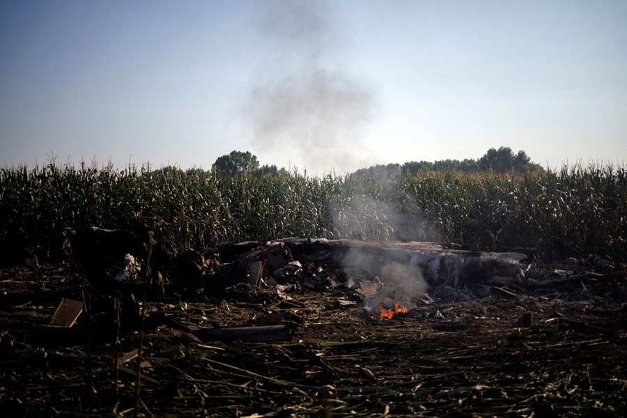 Debris burning at the crash site of an Antonov An-12 cargo plane owned by a Ukrainian company near Kavala of Greece on Sunday –Reuters photo