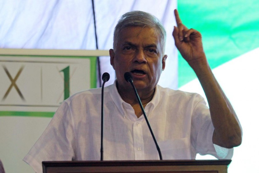 Ranil Wickremesinghe speaks to his supporters during a campaign rally in Galle, Sri Lanka on August 2, 2020 — Reuters/Files