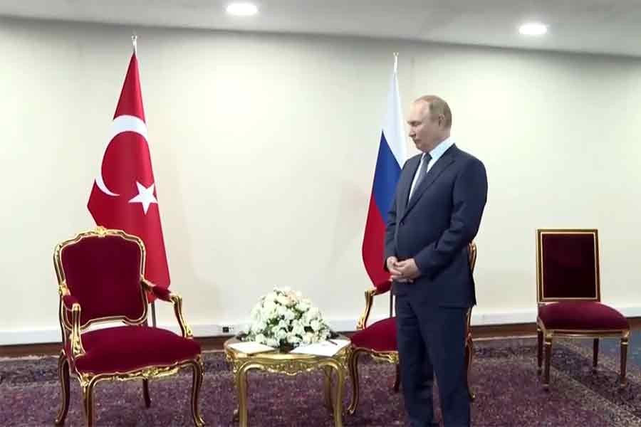 Russian President Vladimir Putin waiting for his Turkish counterpart Recep Tayyip Erdogan ahead of their talks in Tehran on Tuesday –Reuters photo
