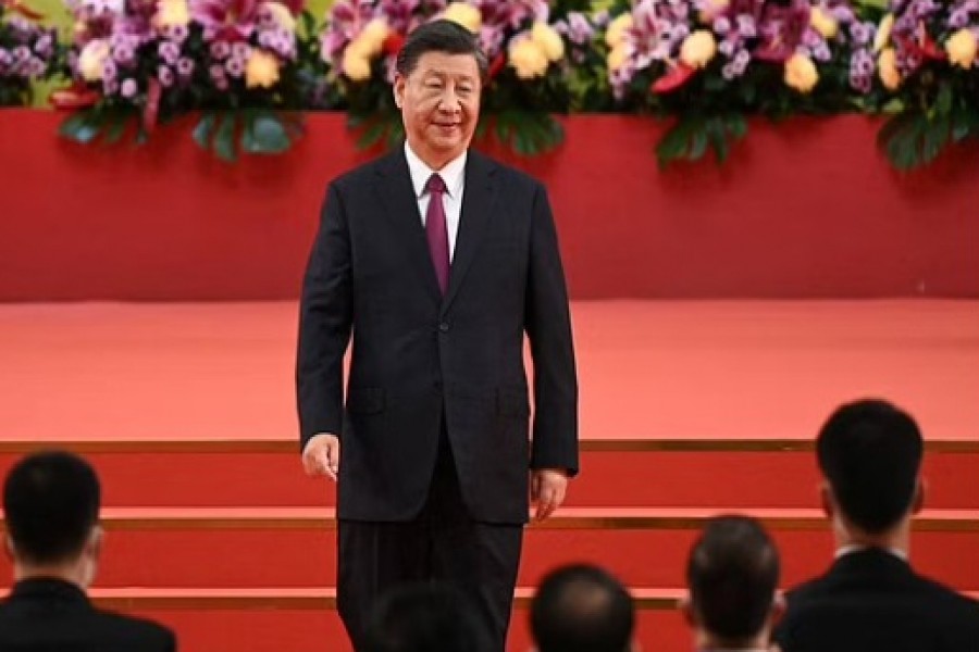 China's President Xi Jinping leaves the podium following his speech after a ceremony to inaugurate the city's new leader and government in Hong Kong, China, July 1, 2022, on the 25th anniversary of the city's handover from Britain to China. Selim Chtayti/Pool via REUTERS