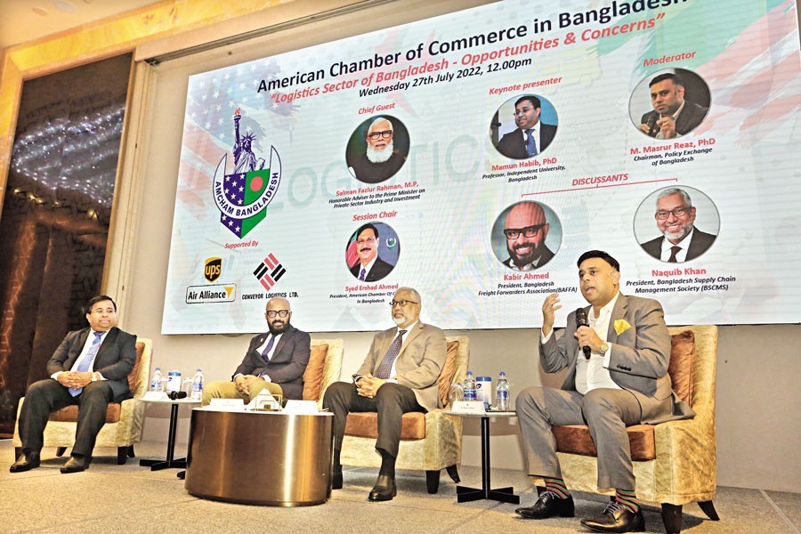 Chairman of Policy Exchange of Bangladesh Dr M Masrur Reaz speaks at a dialogue styled ‘Logistics Sector of Bangladesh - Opportunities & Concerns’ arranged by the American Chamber of Commerce in Bangladesh (AmCham) at a city hotel on Wednesday — FE photo