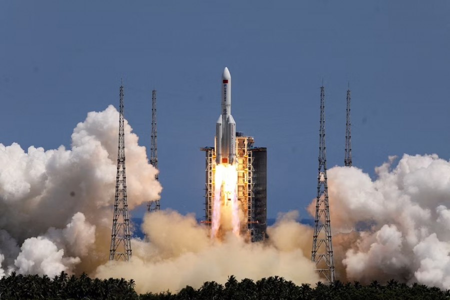 A Long March-5B Y3 rocket, carrying the Wentian lab module for China's space station under construction, takes off from Wenchang Spacecraft Launch Site in Hainan province, China, on Jul 24, 2022. China Daily via REUTERS