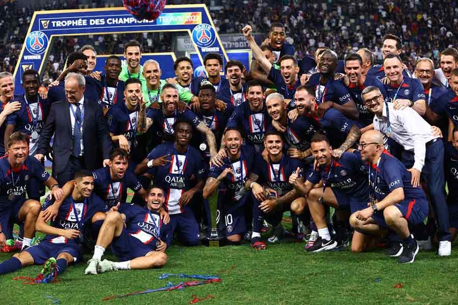 Paris St Germain celebrating winning the Trophee des Champions with the trophy at Bloomfield Stadium in Tel Aviv on Sunday –Reuters photo